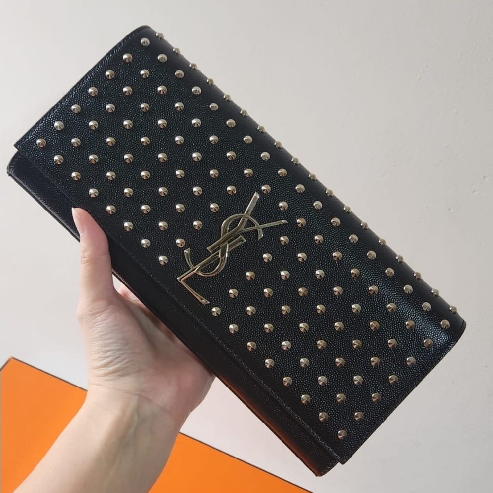 YSL Saint Lauren Silver Studded Black Leather Clutch